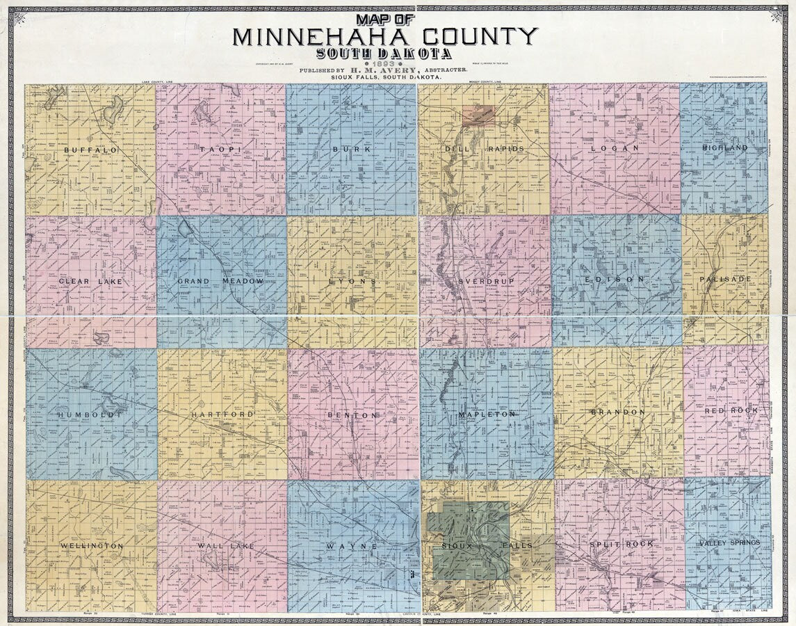 1893 Map of Minnehaha County South Dakota Sioux Falls