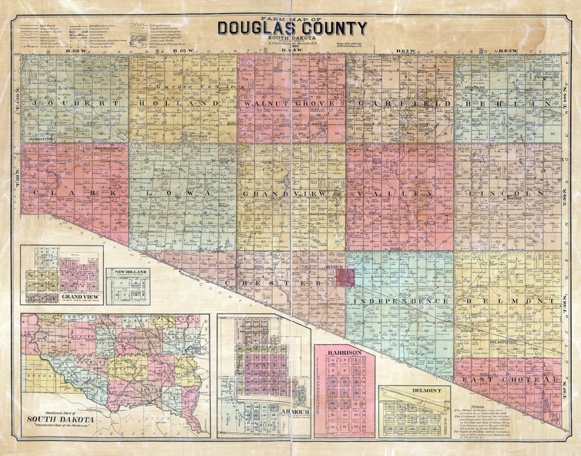 1900 Farm Line Map of Douglas County South Dakota Armour