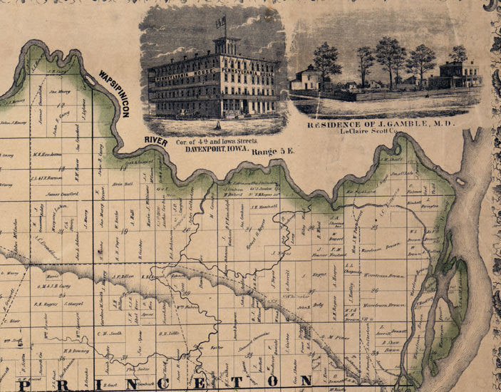 1860 Farm Line Map of Scott County Iowa