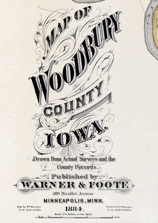 1884 Farm Line Map of Woodbury County Iowa Sioux City