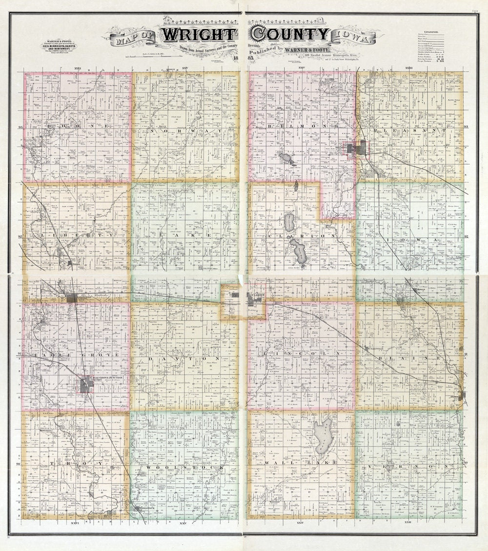 1885 Farm Line Map of Wright County Iowa