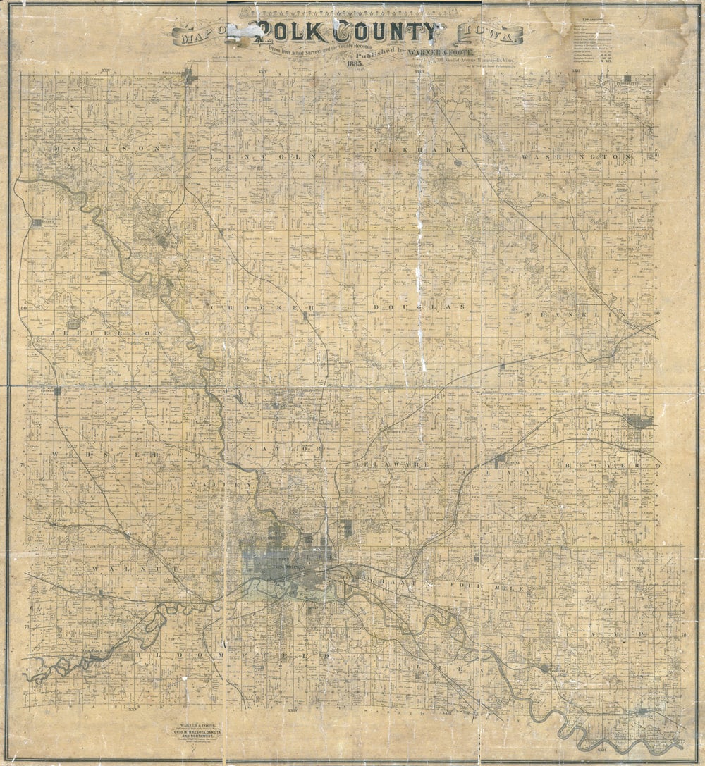 1885 Map of Polk County Iowa Des Moines