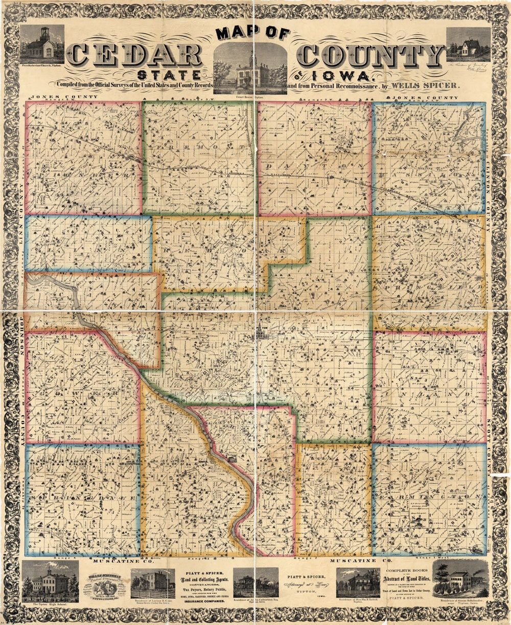 1863 Farm Line Map of Cedar County Iowa