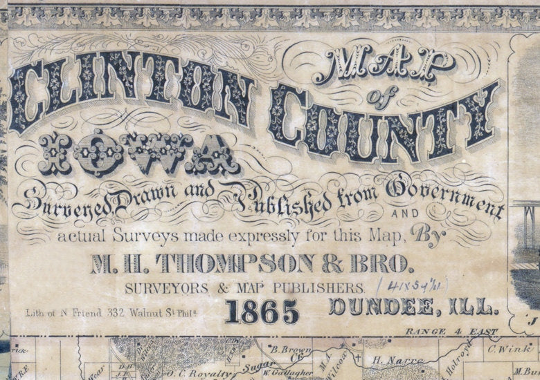 1865 Farm Line Map of Clinton County Iowa Dewitt Lyons