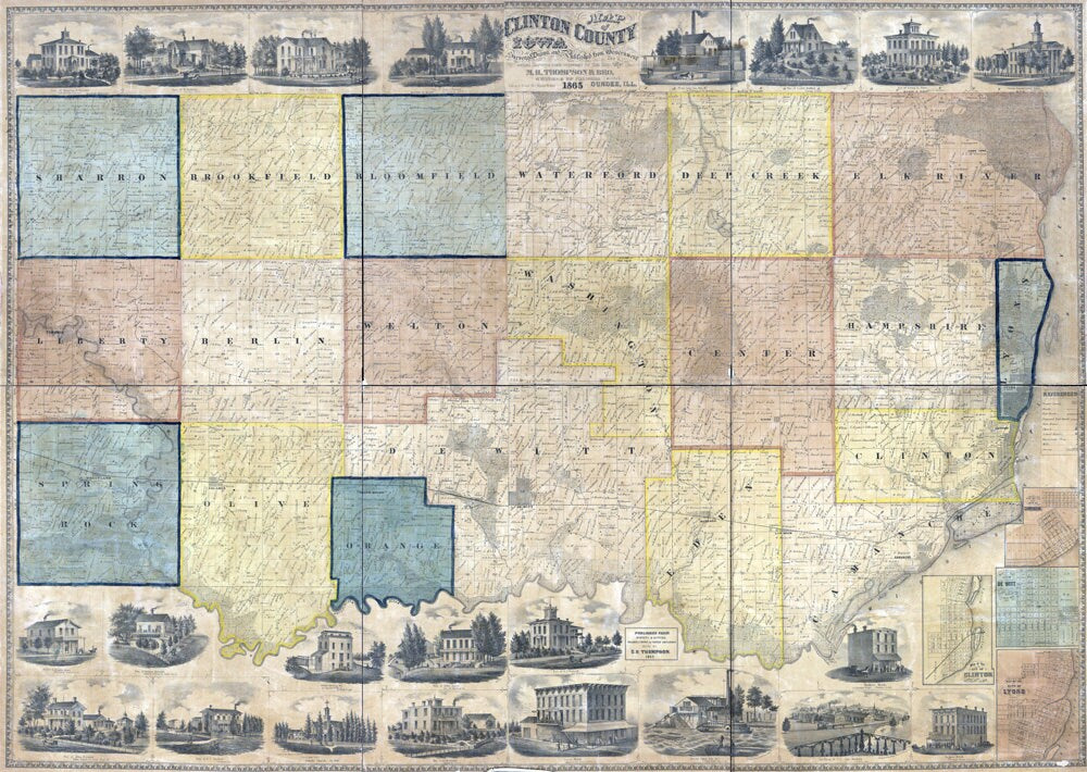 1865 Farm Line Map of Clinton County Iowa Dewitt Lyons