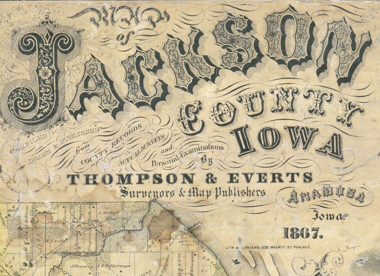 1867 Farm Line Map of Jackson County Iowa Bellevue