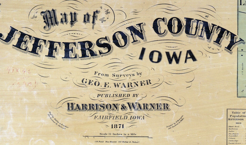 1871 Map of Jefferson County Iowa Fairfield