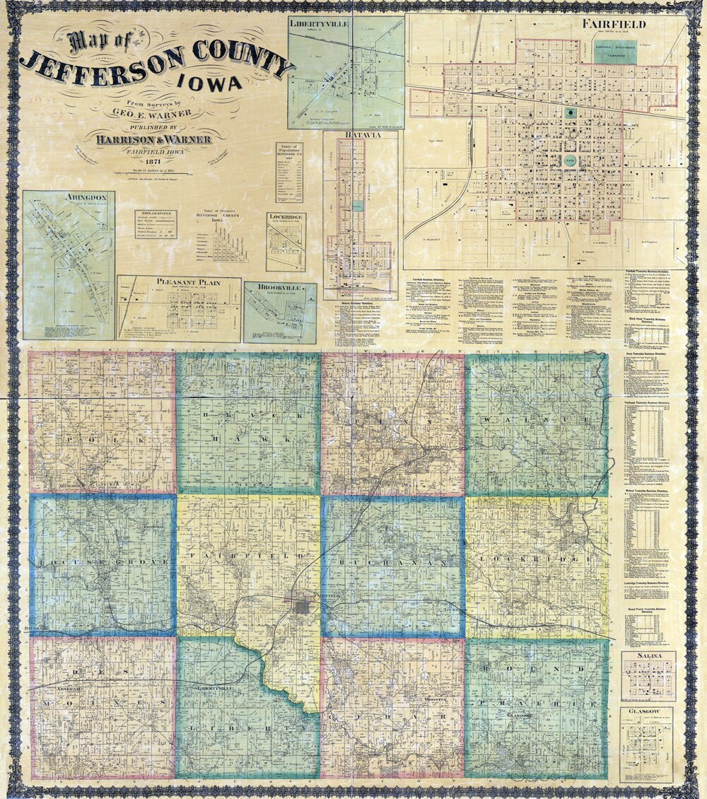 1871 Map of Jefferson County Iowa Fairfield