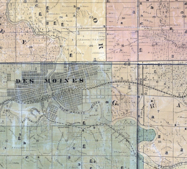 1872 Farm Line Map of Polk County Iowa Des Moines