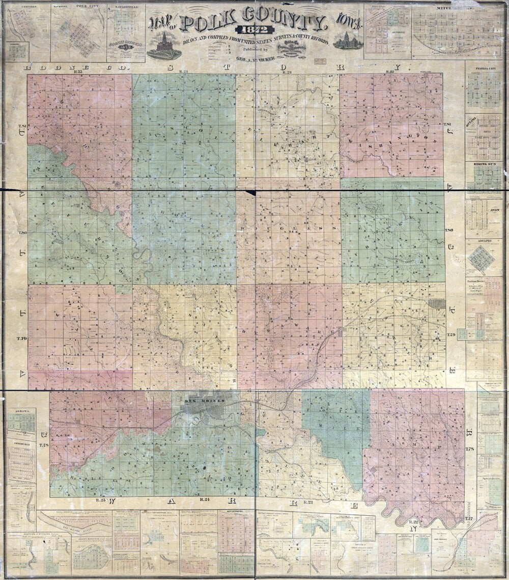 1872 Farm Line Map of Polk County Iowa Des Moines