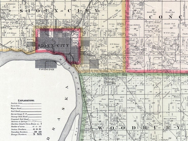 1884 Farm Line Map of Woodbury County Iowa Sioux City