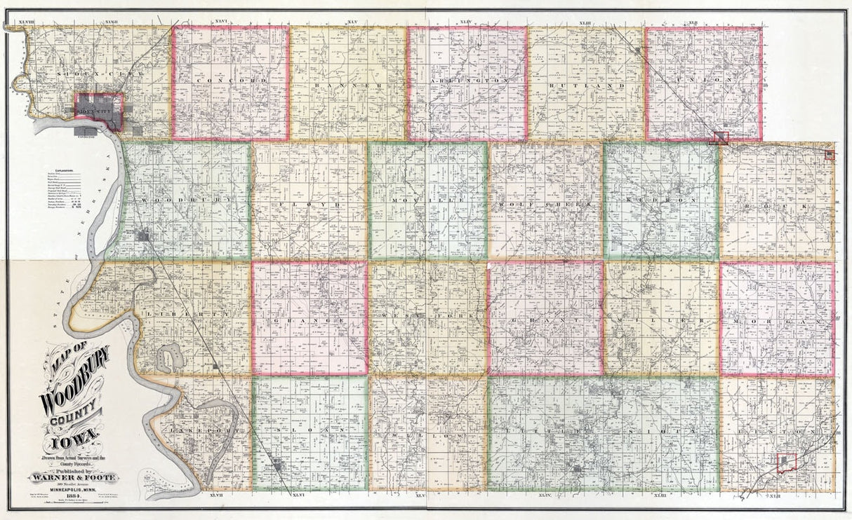 1884 Farm Line Map of Woodbury County Iowa Sioux City
