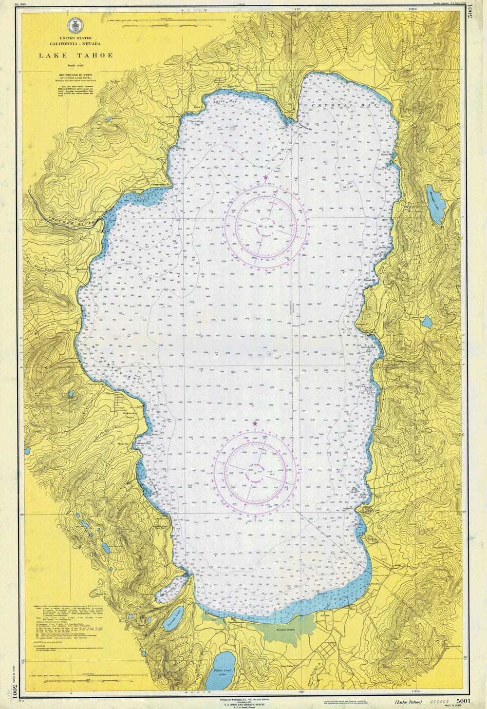 1951 Map of Lake Tahoe California Nevada