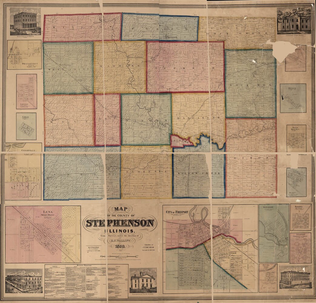 1859 Farm Line Map of Stephenson County Illinois Freeport