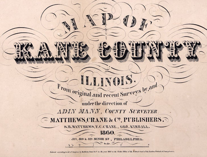 1860 Farm Line Map of Kane County Illinois Aurora