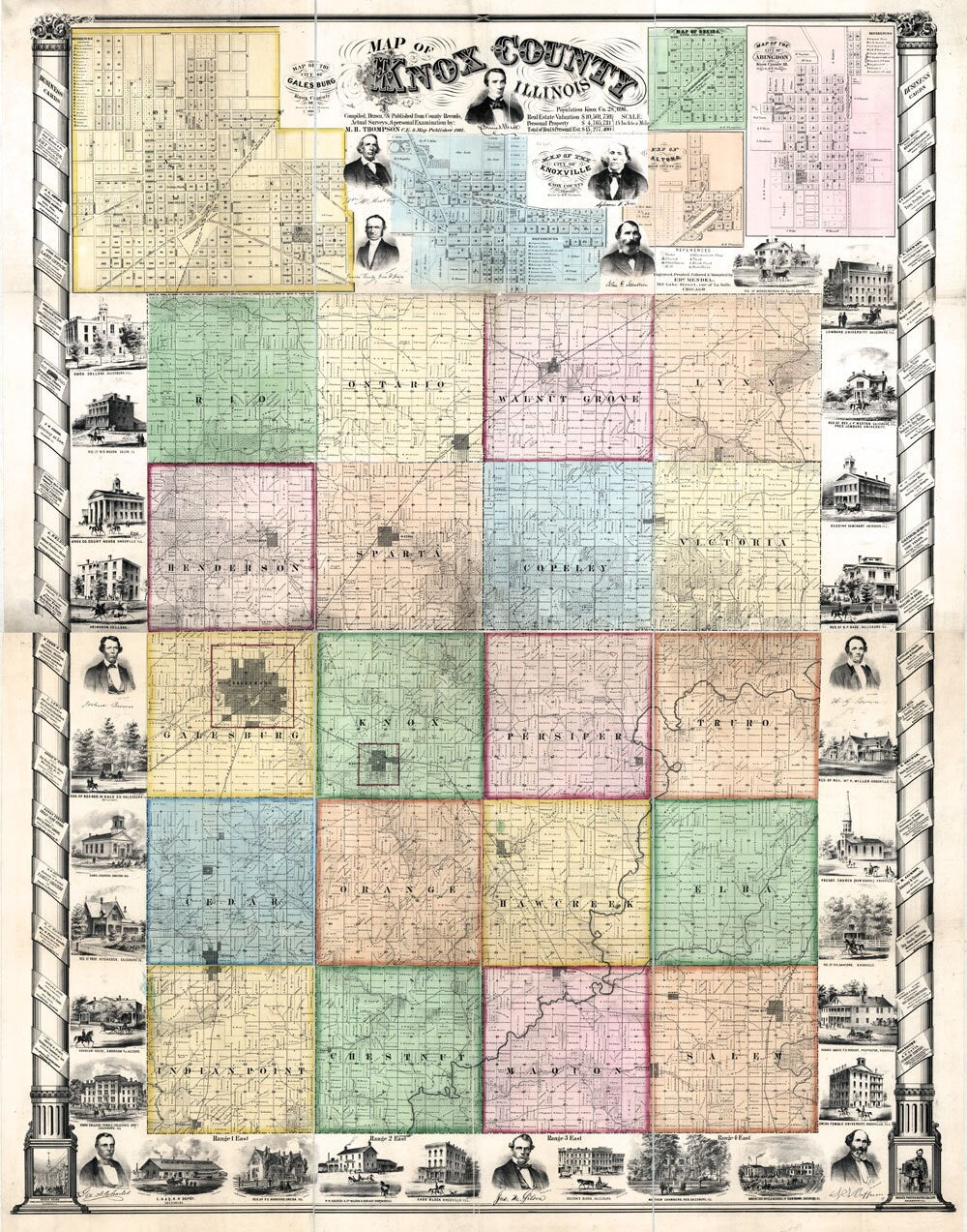 1861 Farm Line Map of Knox County Illinois Galesburg