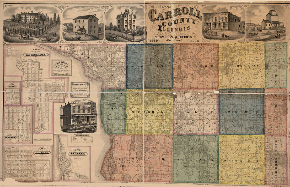 1869 Farm Line Map of Carroll County Illinois Mt Carroll