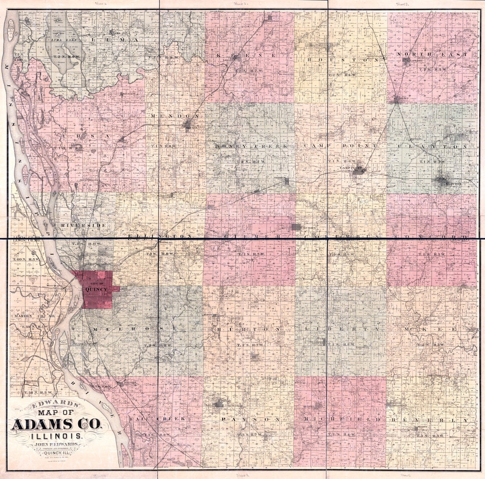 1889 Farm Line Map of Adams County Illinois Quincy