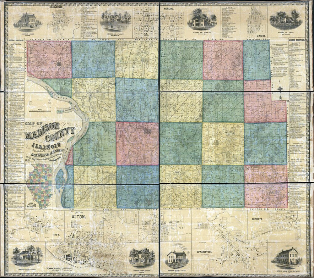 1861 Farm Line Map of Madison County Illinois Edwardsville