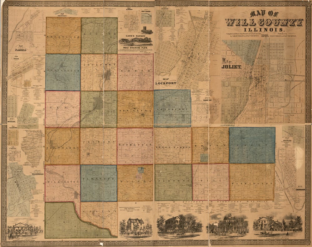 1864 Farm Line Map of Will County Illinois