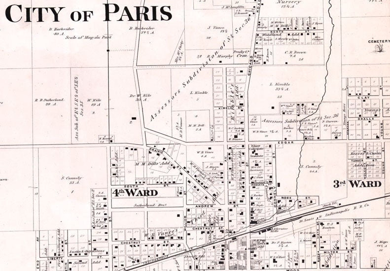 1870 Farm Line Map of Edgar County Illinois Paris