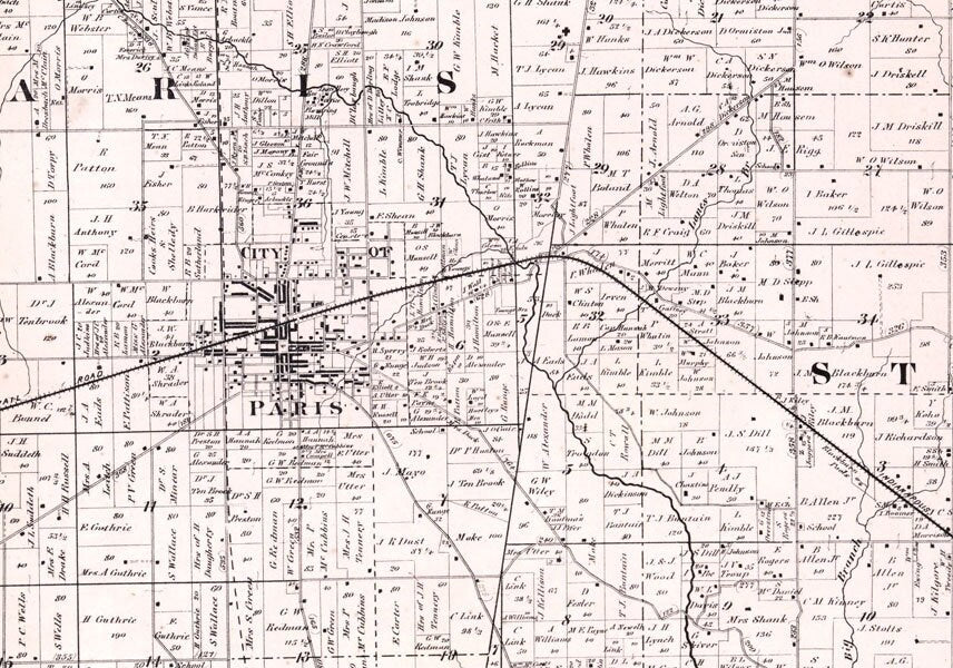 1870 Farm Line Map of Edgar County Illinois Paris