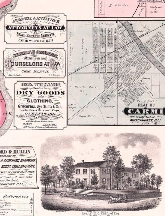 1871 Farm Line Map of White County Illinois Carmi