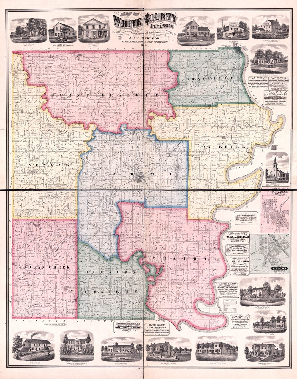 1871 Farm Line Map of White County Illinois Carmi