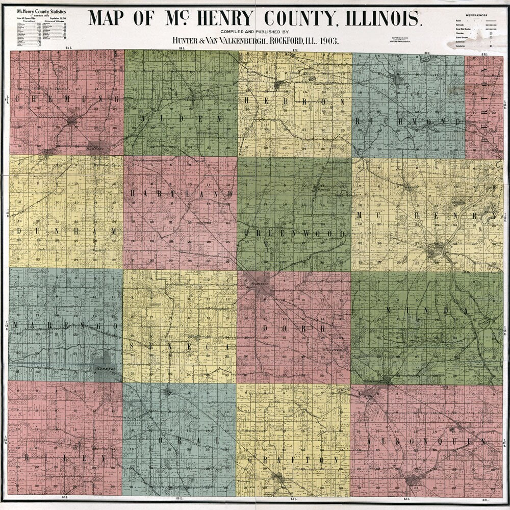 1903 Farm Line Map of McHenry County Illinois Woodstock