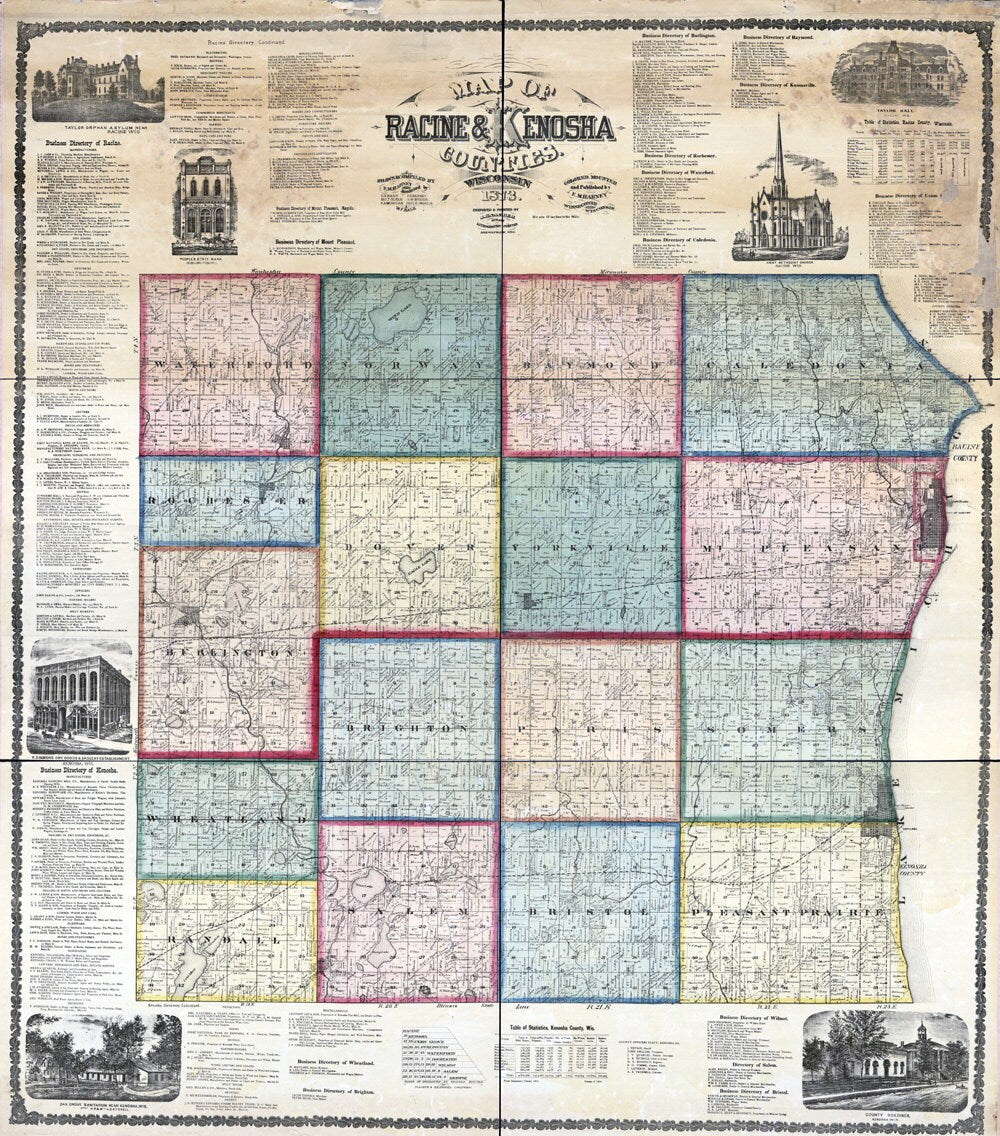 1873 Map of Racine & Kenosha County Wisconsin