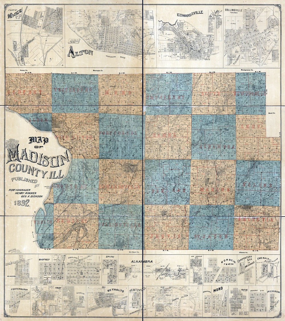 1892 Farm Line Map of Madison County Illinois Edwardsville