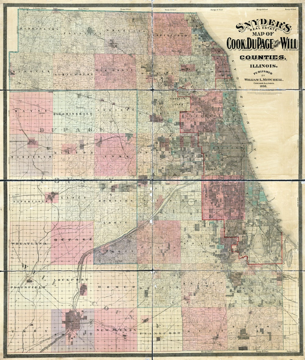 1898 Farm Line Map of Cook and Dupage County Illinois Chicago