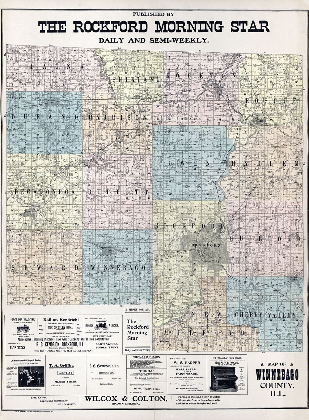 1902 Farm Line Map of Winnebago County Illinois Rockford