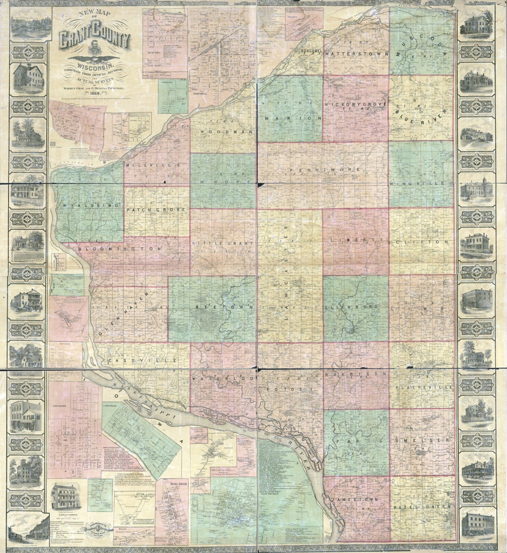 1868 Map of Grant County Wisconsin Platteville