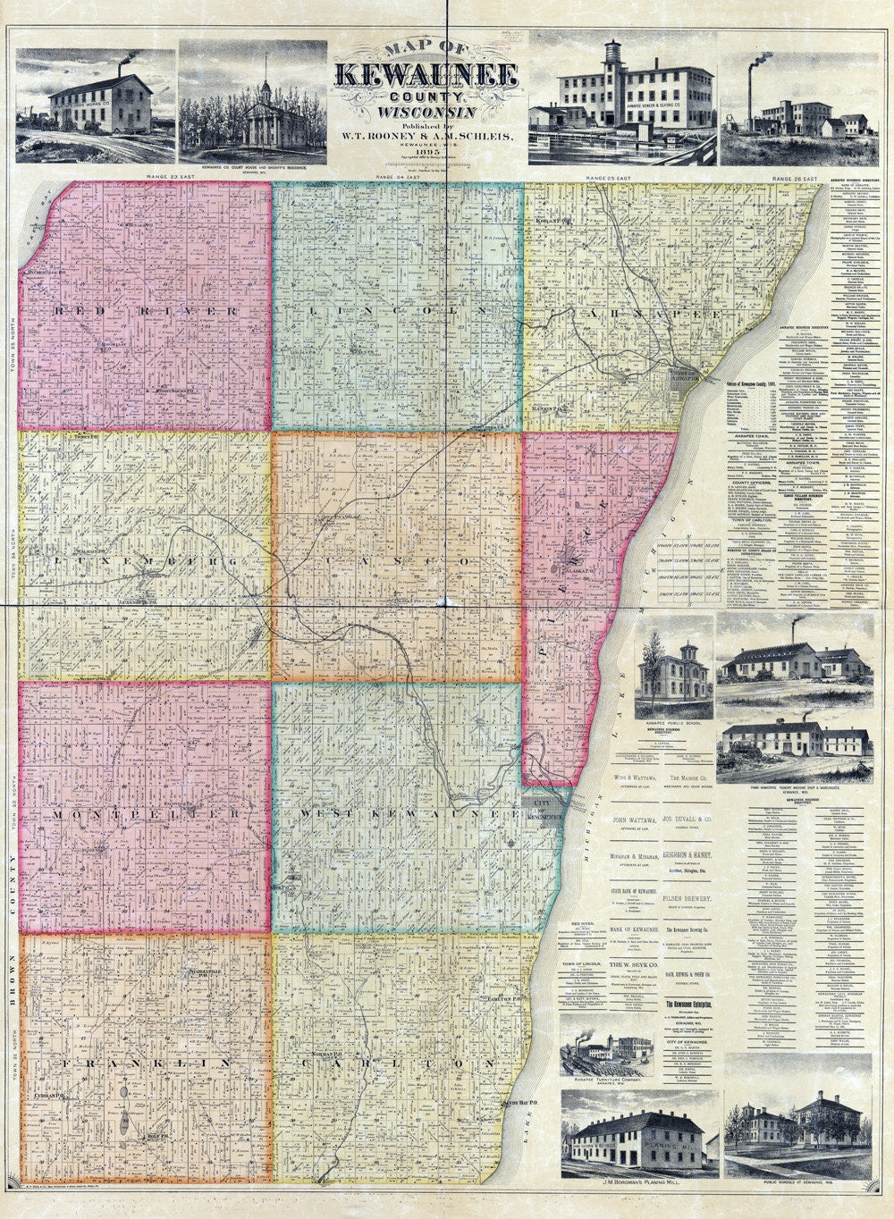 1895 Map of Kewaunee County Wisconsin Ahnapee