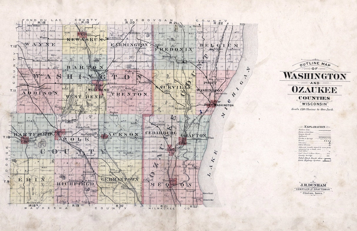 1915 Map of Washington & Ozaukee County Wisconsin