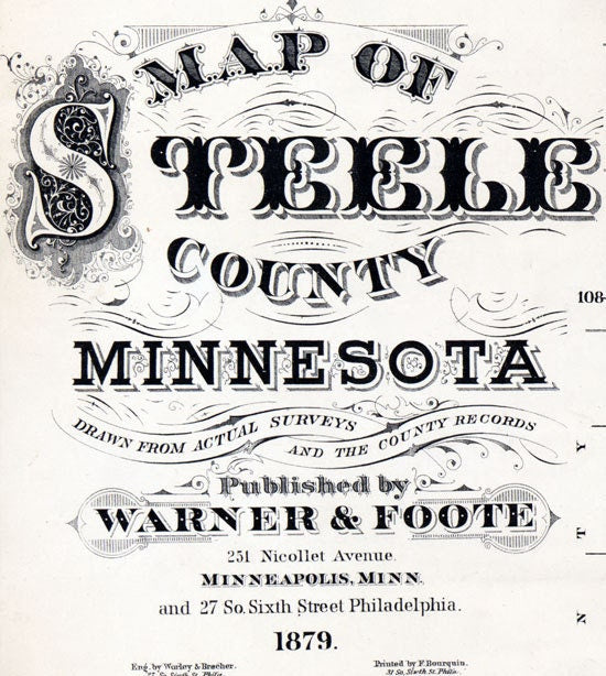 1879 Farm Line Map of Steele County Minnesota Owaton Medford