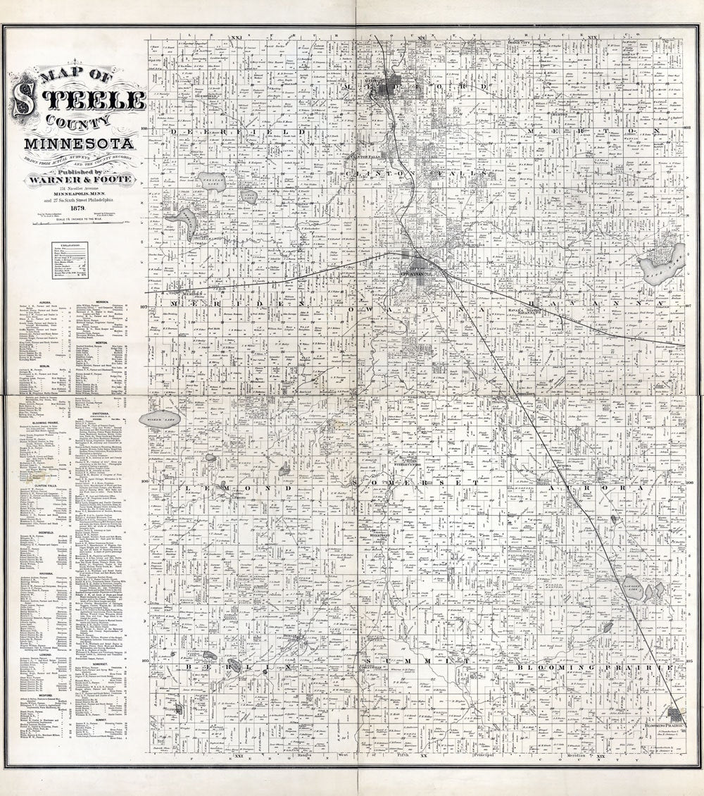 1879 Farm Line Map of Steele County Minnesota Owaton Medford