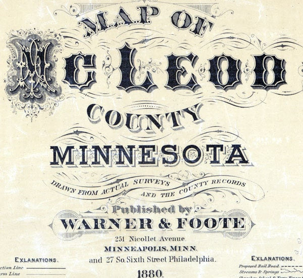 1880 Farm Line Map of McLeod County Minnesota Glencoe Hutchinson