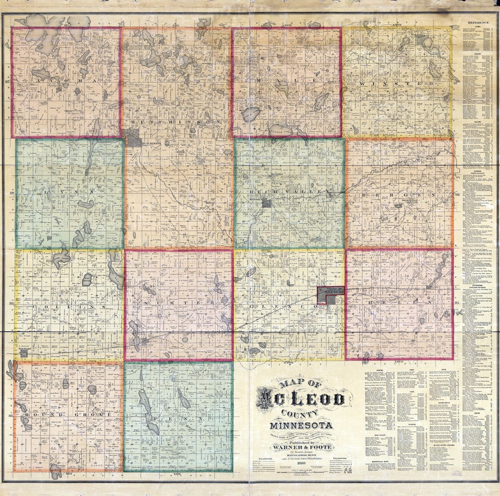 1880 Farm Line Map of McLeod County Minnesota Glencoe Hutchinson