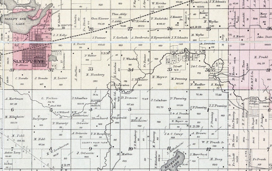 1886 Farm Line Map of Brown County Minnesota Sleepy Eye