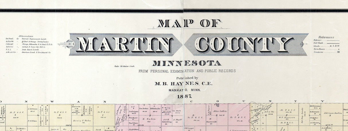 1887 Farm Line Map of Martin County Minnesota Fairmont