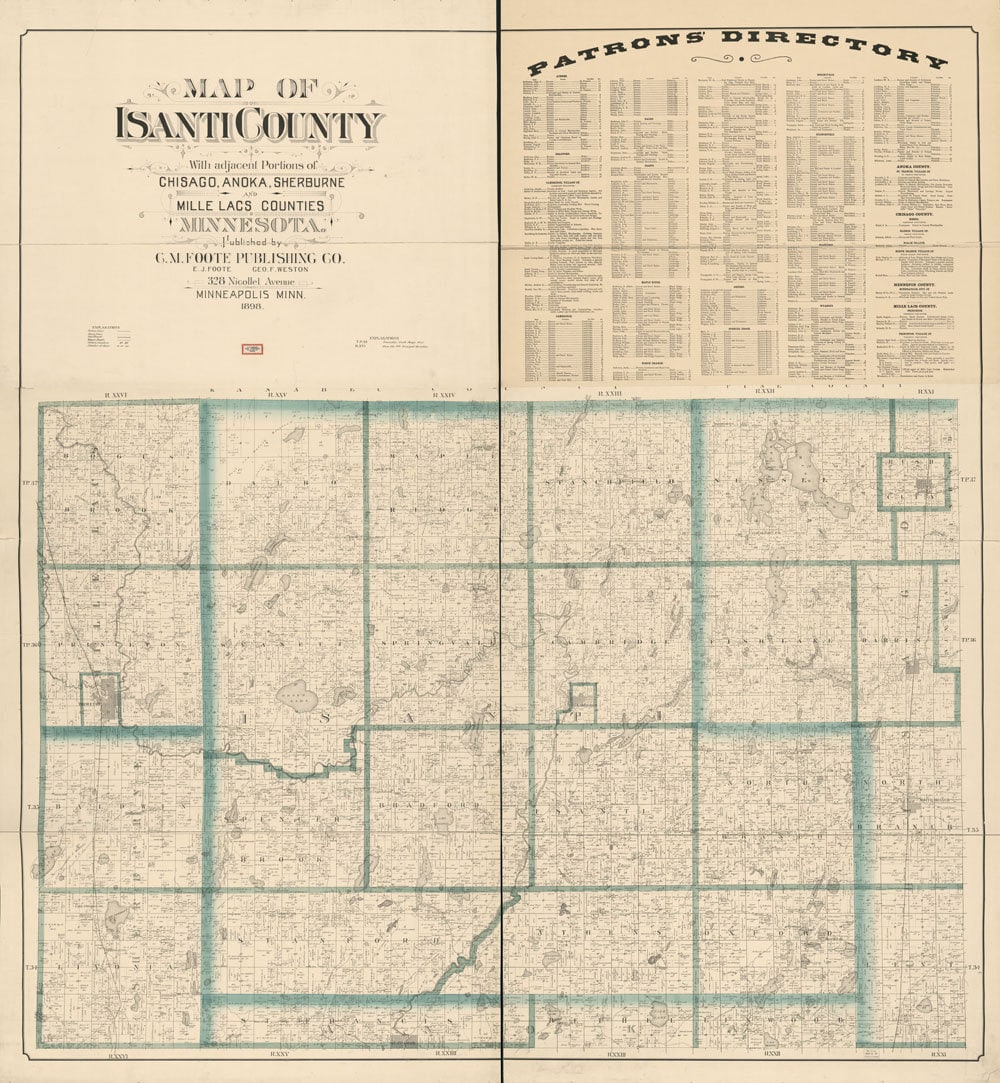 1898 Map of Isanti County Minnesota Princeton