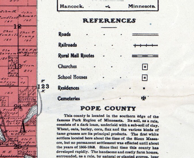 1901 Farm Line Map of Pope County Minnesota colored