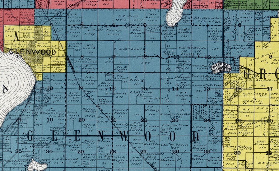 1901 Farm Line Map of Pope County Minnesota colored