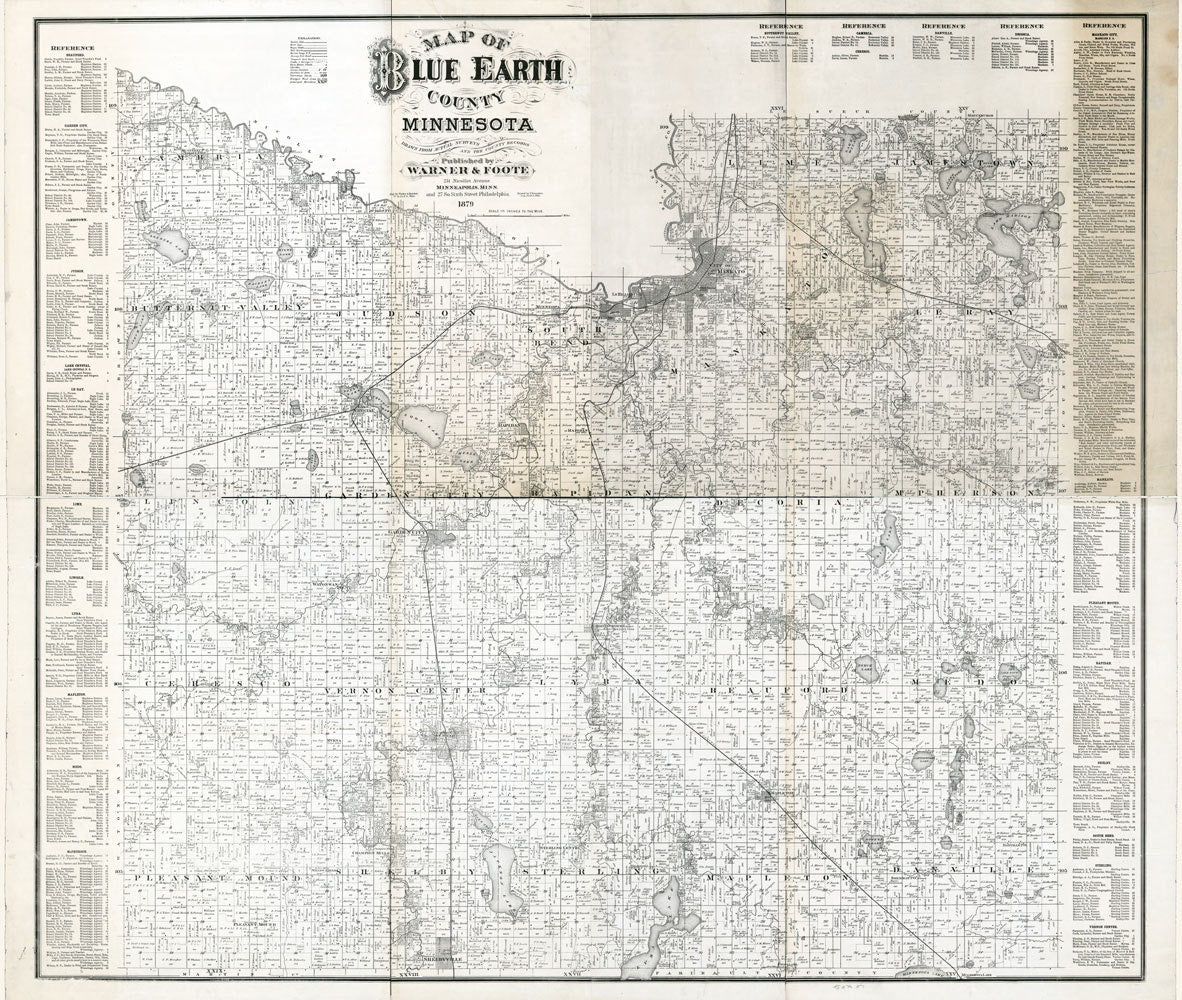 1879 Farm Line Map of Blue Earth County Minnesota Mankato