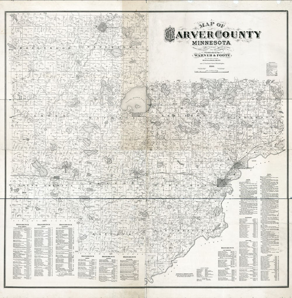 1880 Farm Line Map of Carver County Minnesota from actual surveys