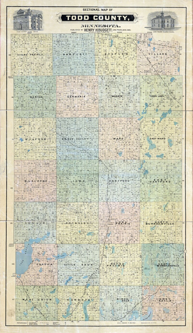 1890 Farm Line Map of Todd County Minnesota Long Prairie