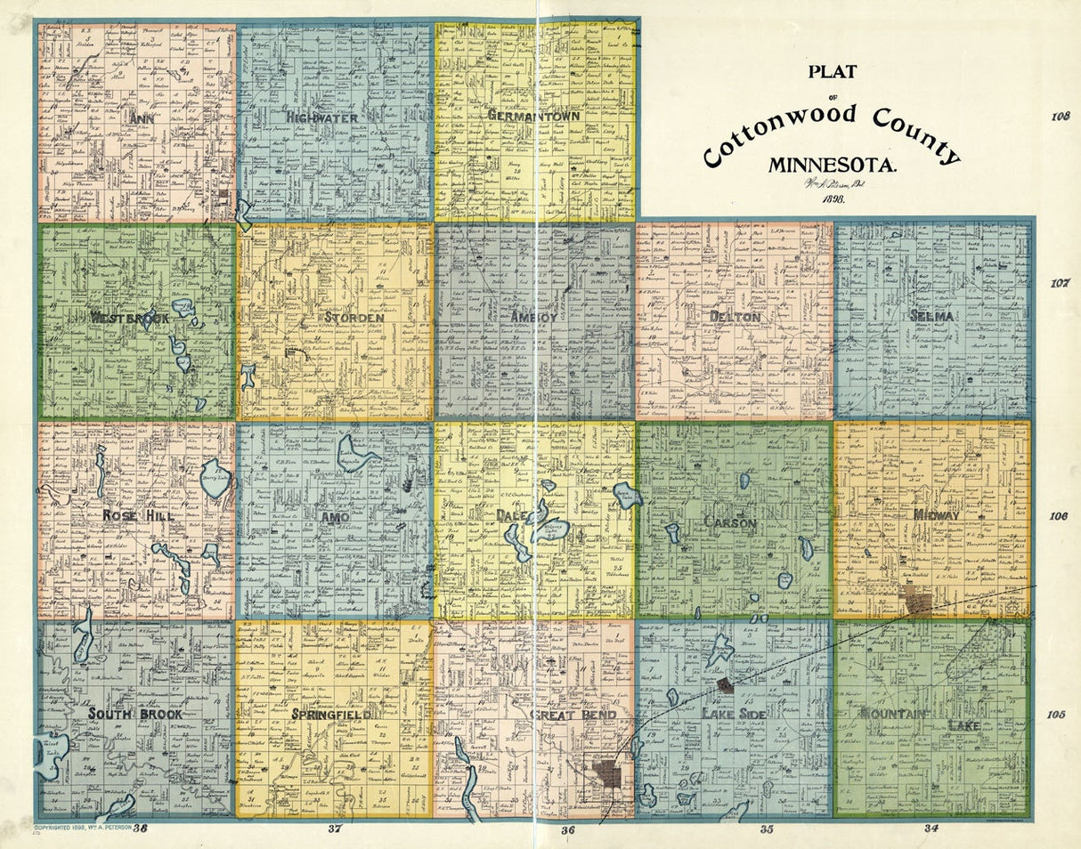 1898 Map of Cottonwood County Minnesota Windom Mountain Lane