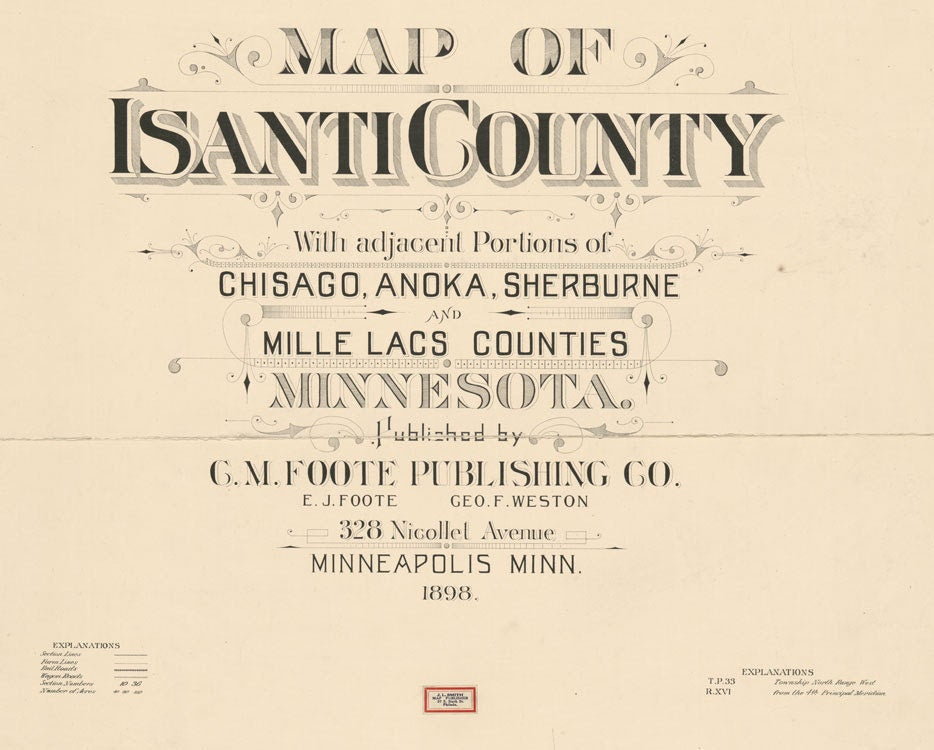 1898 Map of Isanti County Minnesota Princeton